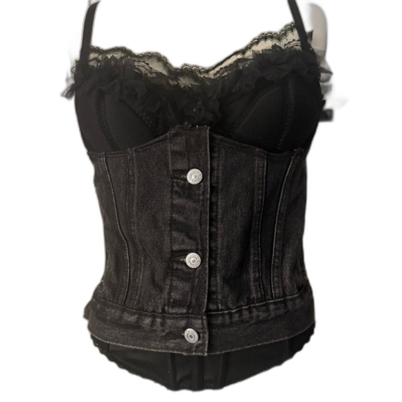 customized levis trucker jacker Black Denim Corset Top - Picture 1 of 3